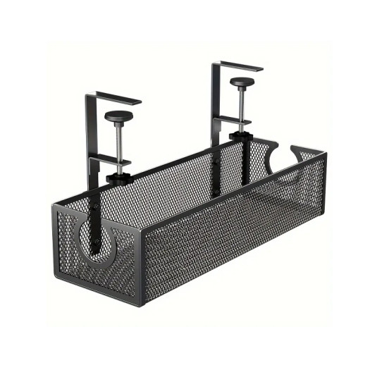 Adjustable Under-Desk Cable Management Tray, Iron Mesh Cable Organizer with Long Arms and No-Drill Clamp-On Design, Desk Wire Holder for Office, Secure and Easy Installation - Black